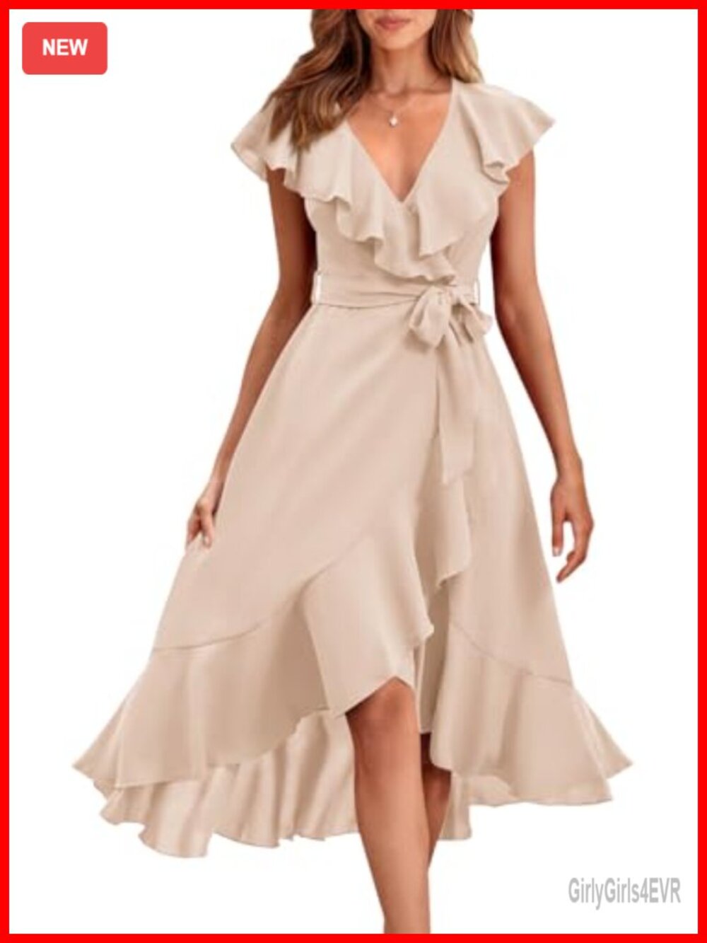 Womens Midi Dress V Neck Ruffle Hem Tie Waist Summer Beach Casual